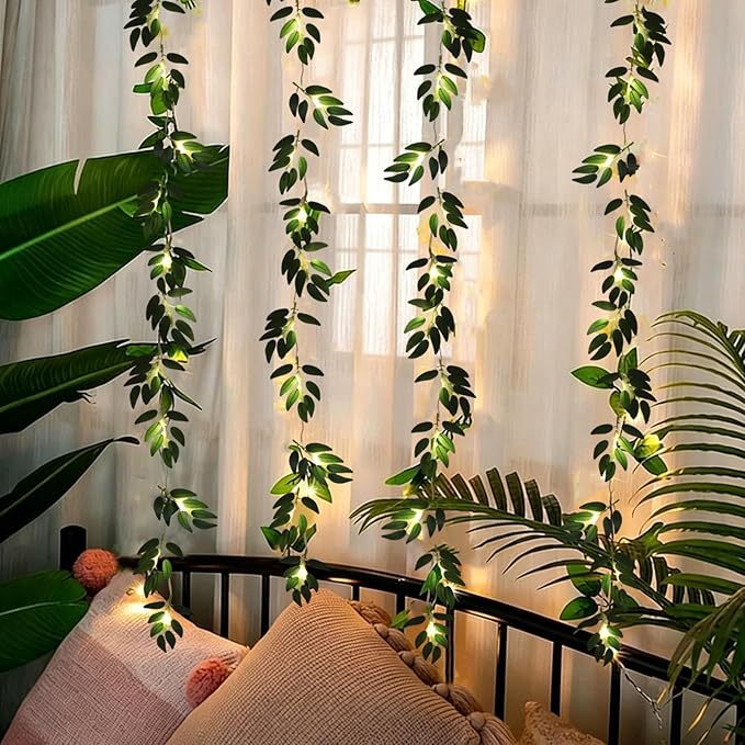 RECUTMS Willow Leaves String Lights 2Packs Artificial Leaf Rattan Light Hanging Vine 20LEDs Battery Operated Ivy Greenery for Home Wedding Party Wall Indoor Outdoor Decor