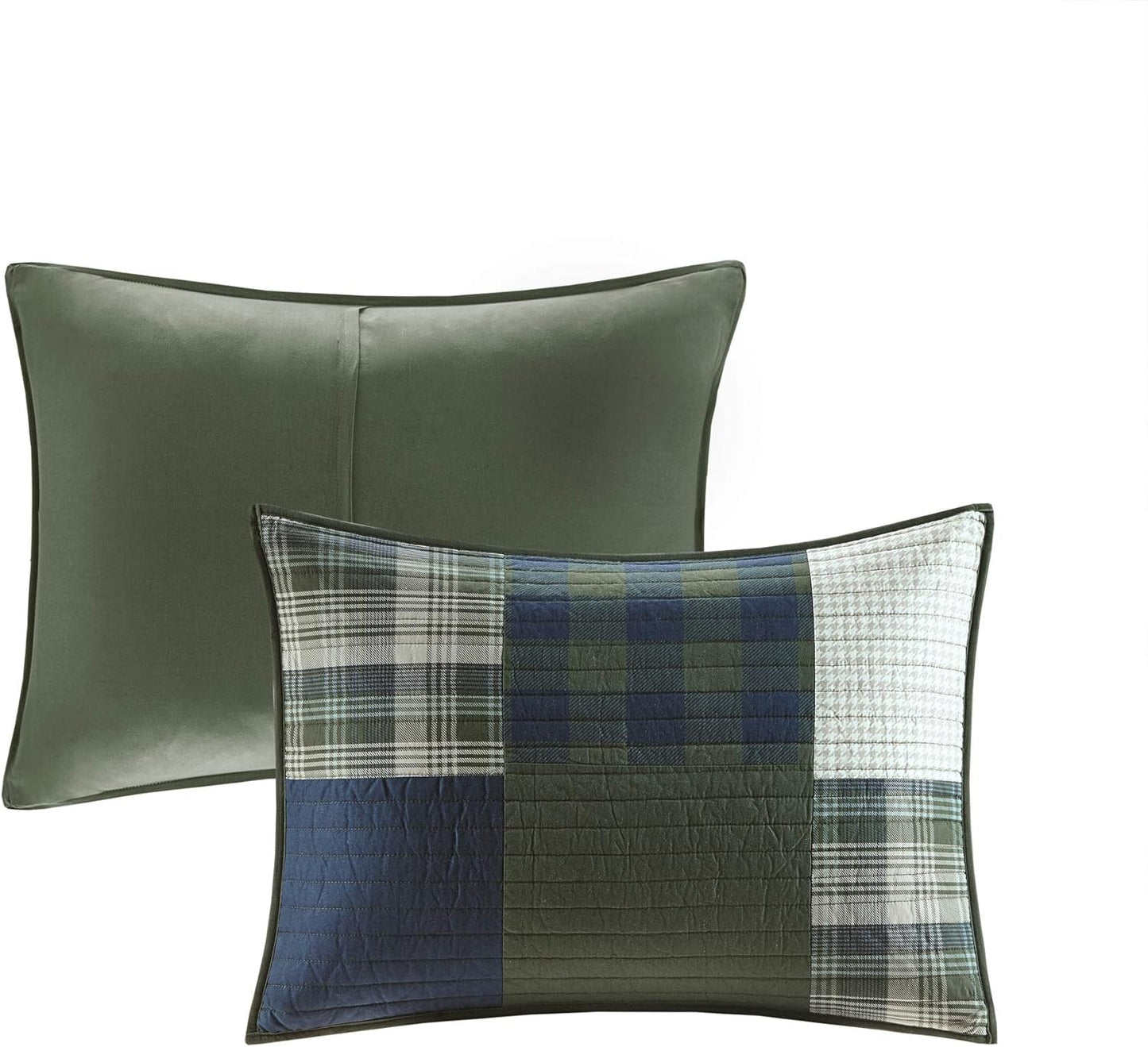 Woolrich Mill Creek Reversible Quilt Set - Cottage Styling Reversed to Solid Color, All Season Lightweight Coverlet, Cozy Bedding Layer, Matching Shams, Oversized Full/Queen, Plaid Green 3 Piece