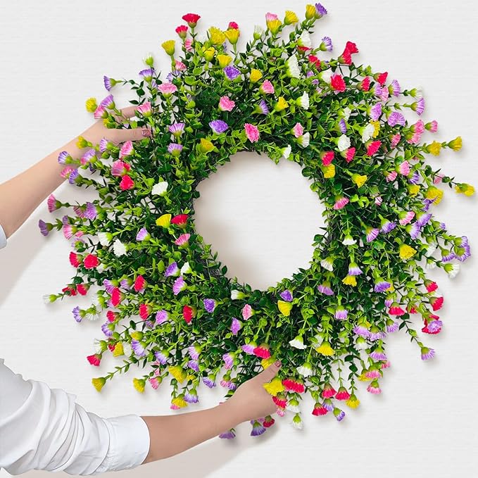 Spring Wreaths for Front Door, 22 Inch Farmhouse Colorful Cottage Wreath, 252 Silk Artificial Carnation Floral with Plastic Greenery Green Leaves Hanging for Porch, Home Summer Decorations