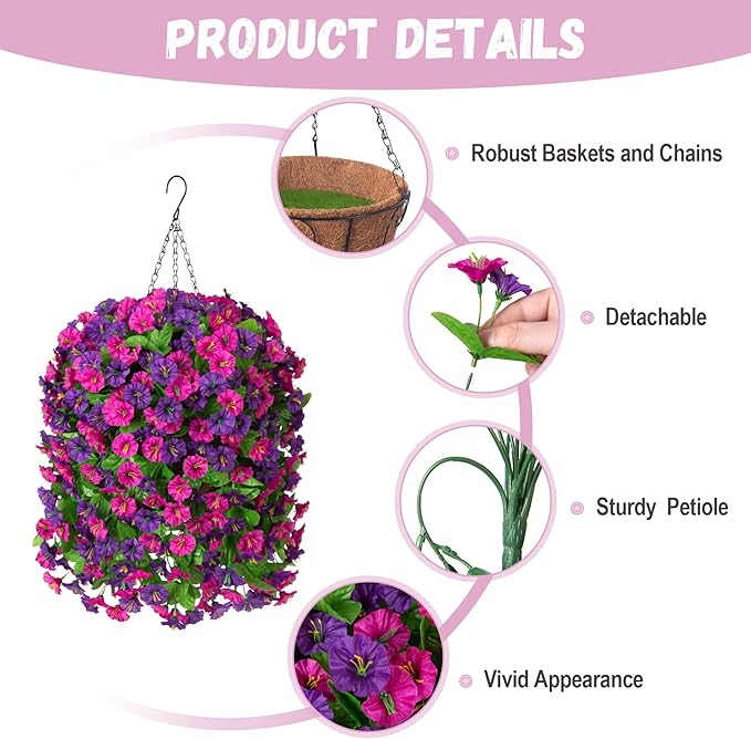INXUGAO Artificial Flowers with Hanging Basket, Outdoor Faux Plants Silk Morning Glory Vines, Fake Green Arrangement for Garden Patio Spring Summer Decor(4pcs,Purple Red Violet)