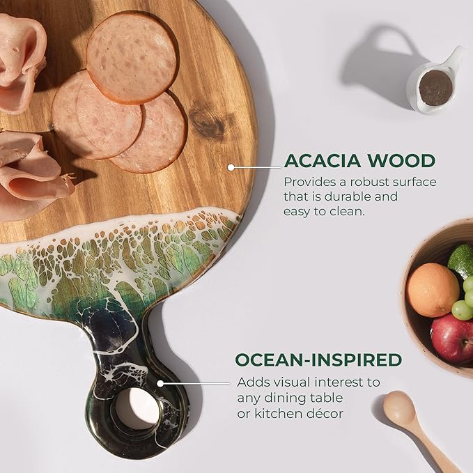Acacia Wood Serving Board with Ocean Resin Art, 18.1" x 13" Charcuterie Cheese Tray for Display & Prep, Cutting Board on Back, Includes Stand & Loofah, Christmas Housewarming Gift (Round)