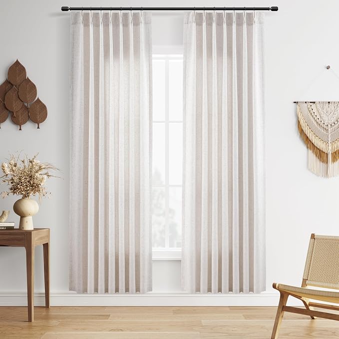 Guken Beige Pinch Pleated Linen Curtains Boho Farmhouse 80 Inch Length 2 Panels Light Filtering Pinch Pleat Hooks Rings Back Tab Neutral Window Privacy Treatment for Living Room Bedroom 40x80