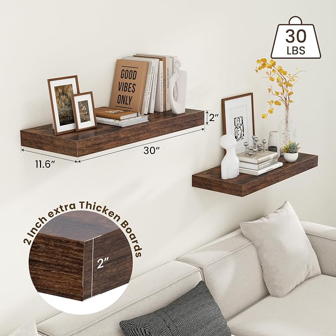 FLYJOE 30'' Brown Floating Shelves, 12 Inch Deep Shelves for Wall Set of 2 | 30'' x 12'' Rustic Brown Wood Shelves for Framhouse Living Room Bathroom Kitchen Laundry Room