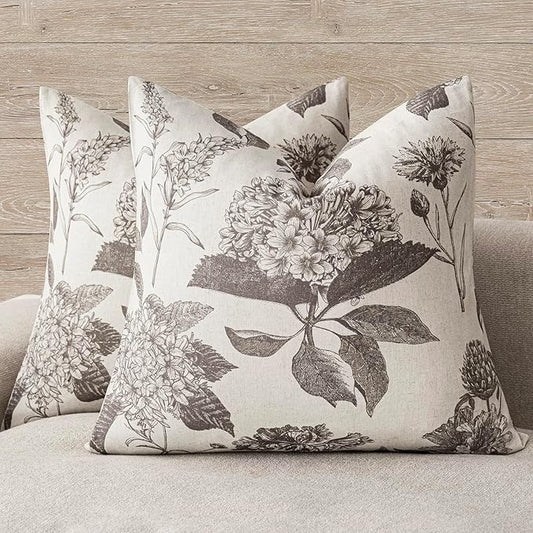 Foindtower Set of 2 Linen Floral Vintage Throw Pillow Covers Neutral Accent Decorative Cushion Covers Farmhouse Boho Home Decor for Sofa Chair Couch Bedroom Living Room,20×20 Inch,Light Gray