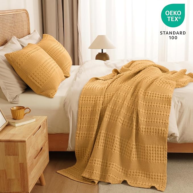 PHF 100% Cotton Waffle Throw Blanket for Couch, Lightweight Breathable and Soft for Summer, Luxury Aesthetic Waffle Weave Blanket for Home Decor & Office, Gifts for Women, 50"x60", Pumpkin Orange