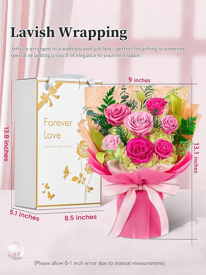 Flomoon Forever Flowers Gifts for Mom, Mothers Day Preserved Flowers Bouquet Birthday Gifts for Her, Preserved Roses for Grandma Wife Anniversary Valentines Day Christmas (7Roses, Hot Pink)
