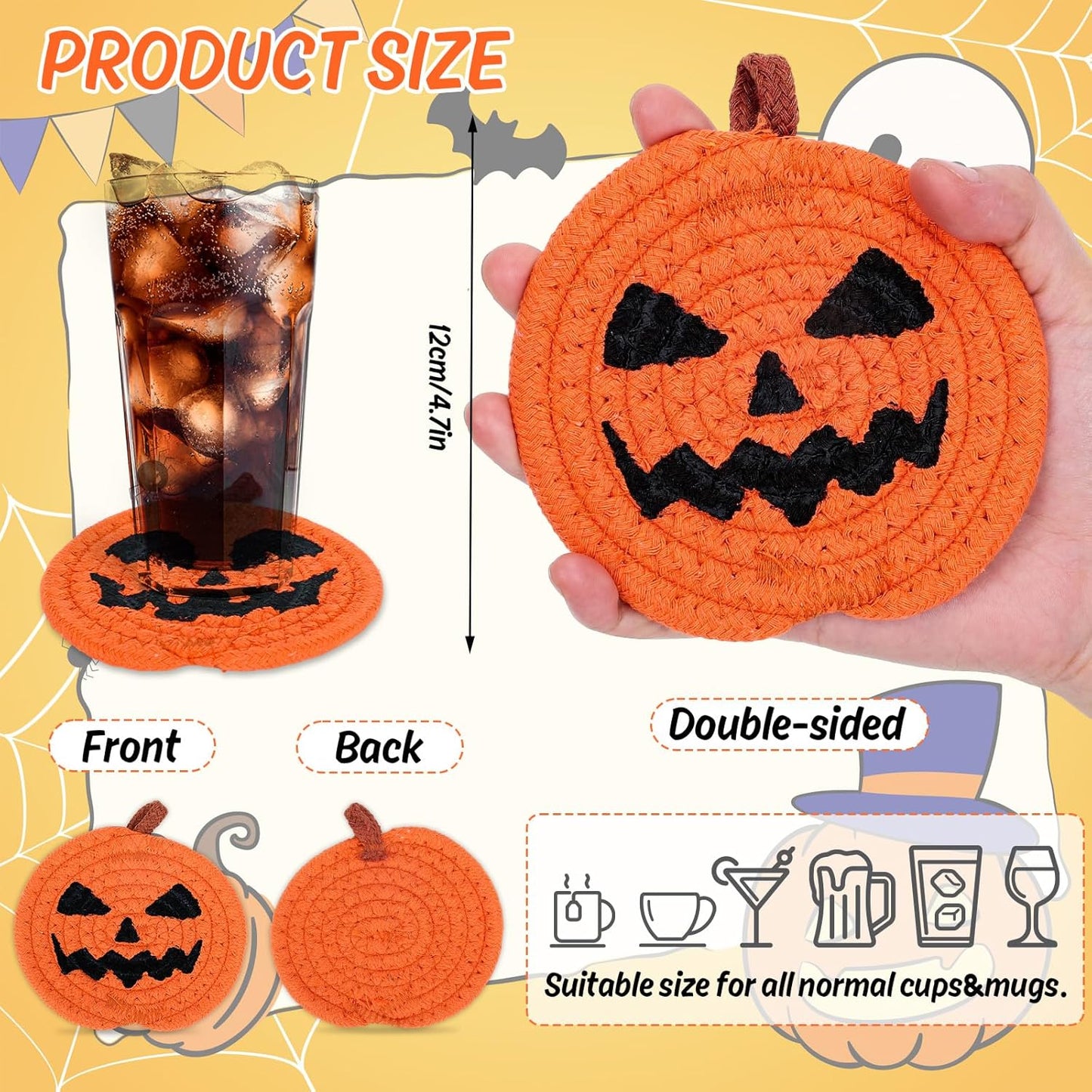 Whaline 4Pcs Halloween Pumpkin Handmade Braided Cotton Coasters Orange Black Pumpkin Shape Drink Coasters Absorbent Cup Coasters for Home Office Party Decor, 4.7 Inch