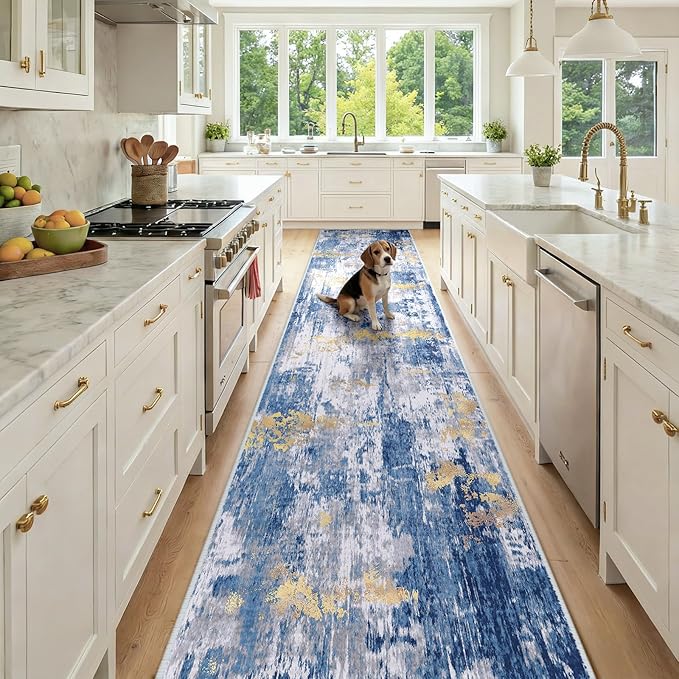 RELEANY Washable Area Rugs 2'6'' x12 Non-Slip Modern Abstract Soft for Living Room Entryway Bedroom Nursery, Print Pattern, Grey Blue Gold/Golden