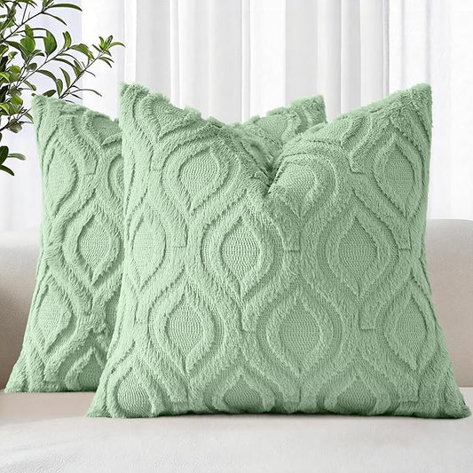 decorUhome Throw Pillow Covers 16x16 Inch Set of 2, Soft Plush Faux Wool Sage Green Solid Couch Pillow Covers, Accent Farmhouse Neutral Square Pillow Cases for Sofa Bed Living Room