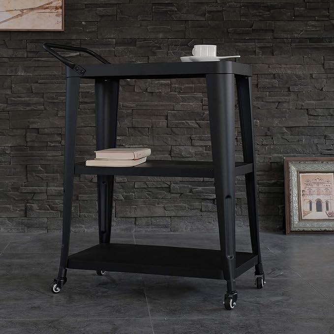 AC Pacific Harold 3-Tier Metal Rolling Cart with Swivel Rollers, Durable Utility Table on Wheels with Handle, All Metal Frame for Easy Mobility, Versatile Kitchen Stand for Bar or Serving Use, Black