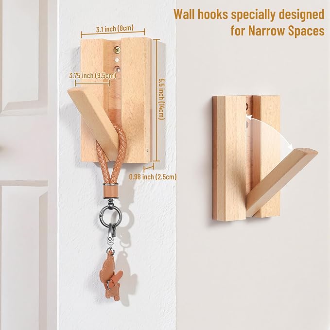 Wall Hooks for Small Space: Foldable Natural Wooden Coat Hooks 4Pack for Limited Spaces Closet Corner Bathroom- Modern Minimalist Decor Hanger for Hanging Towels Backpack Bags Jackets