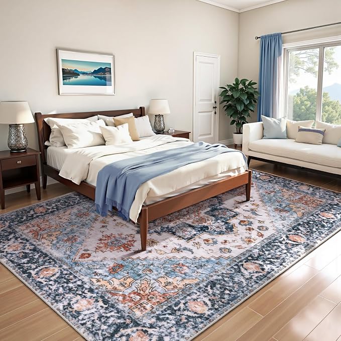 SERISSA Washable Rugs 6x9 Area Rugs, Large Non-Slip Boho Living Room Blue Orange Rug, Ultra Soft Vintage Oriental Tribal Farmhouse Carpet for Dining Room Bedroom Dorm Office Home Decor