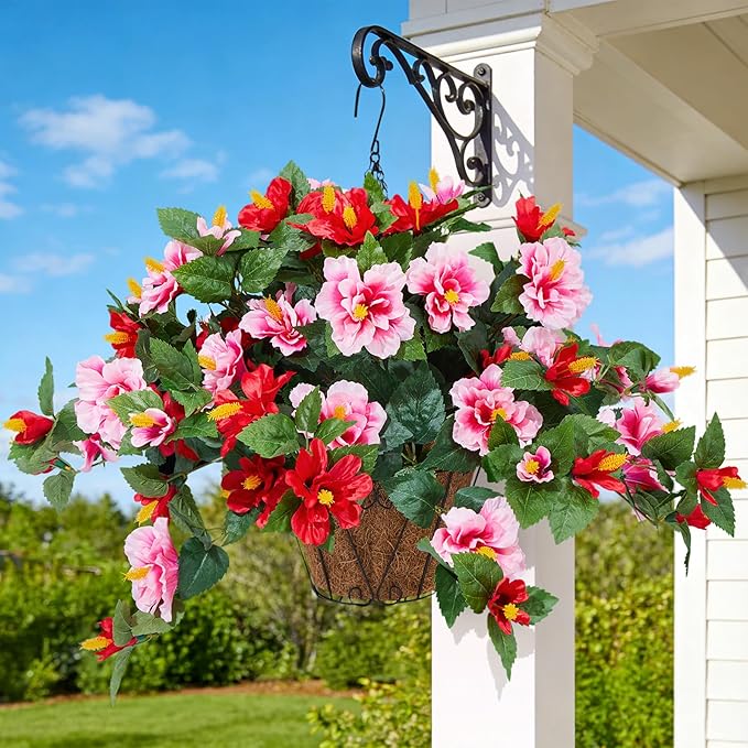 Inxugao Artificial Flowers for Outdoors Indoors,3 Bunches Fake Hibiscus with Hanging Basket Foam Realistic UV Resistant Silk Flower Leaves,Faux Plant for Outside Home Patio Garden Poch Decor(Red,Pink)