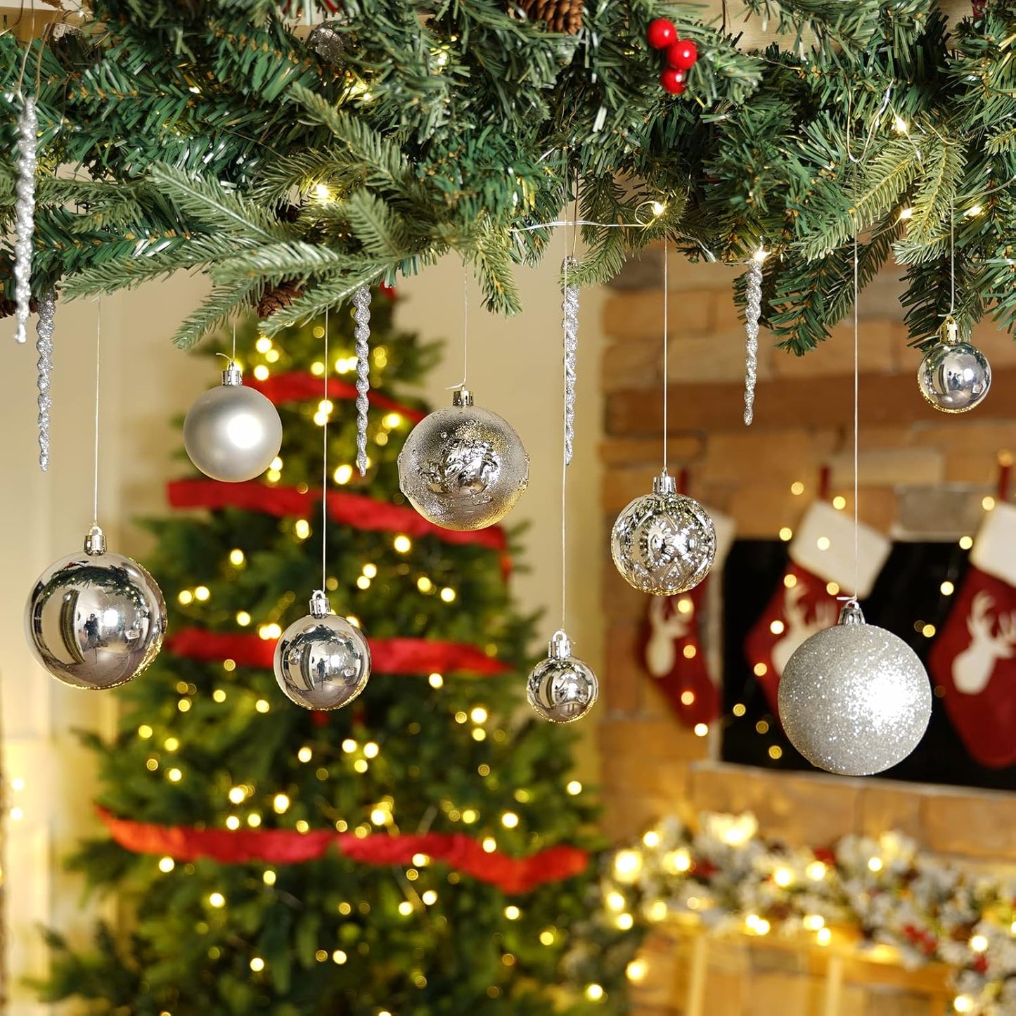 Christmas Ball Ornaments for Christmas Decorations - 41 Pieces Xmas Tree Silver Shatterproof Ball Ornaments with Hanging Loop for Holiday and Seasonal Decoration