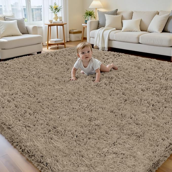 8x10 Area Rug for Living Room, Ultra Soft Fluffy Shag Rugs for Bedroom, Non-Slip Large Fuzzy Plush Rug Indoor Floor Carpet for Nursery Kids Office Dorm Modern Decor, Gray Camel