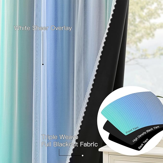 XiDi 100% Blackout Curtains for Girls Bedroom Living Room 96 Inch Length 2 Panels Kids Rainbow Blue Green Grey Mix & Match Double Layer Curtains with Sheer Overlay Grommet Window Drapes 52W x 96L