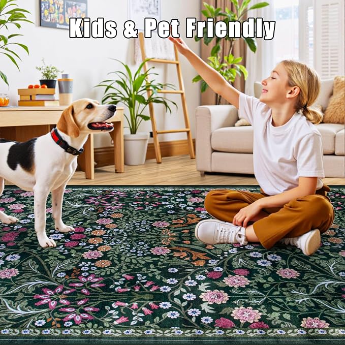 Runner Rug for Entryway: 2.6x10 Kitchen Rugs Non Slip Washable Ultra-Thin Soft Floral Carpet Indoor Floor Stain Resistant Carpets for Hallway Bedroom Kitchen Laundry Bathroom Dorm Dark Green