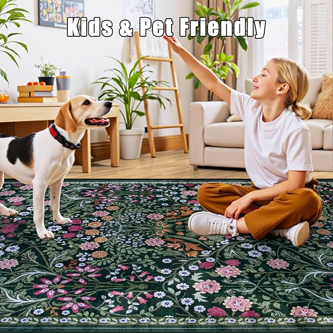 Runner Rug for Entryway: 2x5 Kitchen Rugs Non Slip Washable Ultra-Thin Soft Floral Carpet Indoor Floor Stain Resistant Carpets for Hallway Bedroom Kitchen Laundry Bathroom Dorm Dark Green