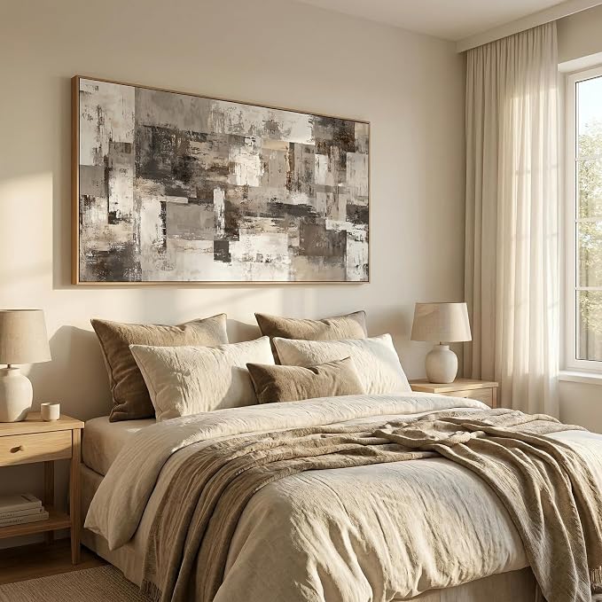 The Mode Art Industrial Abstract Wall Art Textured Grey and Taupe Canvas Prints for Modern Farmhouse Framed Horizontal Canvas Painting for Living Room Bedroom 30x58inch