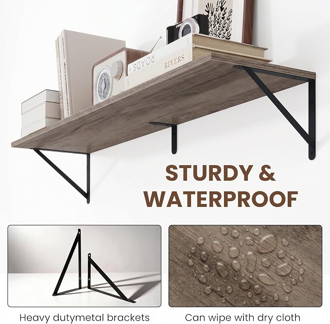Vivelove Deep Floating Shelves for Wall, 36W x 8D Rustic Grey Wood Wall Shelves Set of 3, Large Floating Shelf for Living Room, Kitchen, Office, Bedroom and Decor Storage, with Metal Bracket - Grey