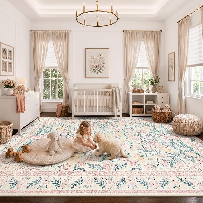 Wonnitar Machine Washable 10x14 Area Rugs, Large Living Room Rug Floral Pink and White Carpet, Boho Soft Ultra-Thin Foldable Carpets for Bedroom Dining Room Office