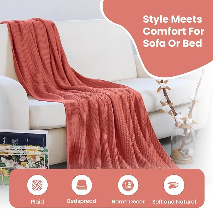 Dalisa 100% Organic Turkish Cotton Throw Blanket - GOTS Certified, Cozy - Perfect for Couch, Bed, and Home Decor - Boho Vintage Knit Alina (Amber Glow, 60x80)