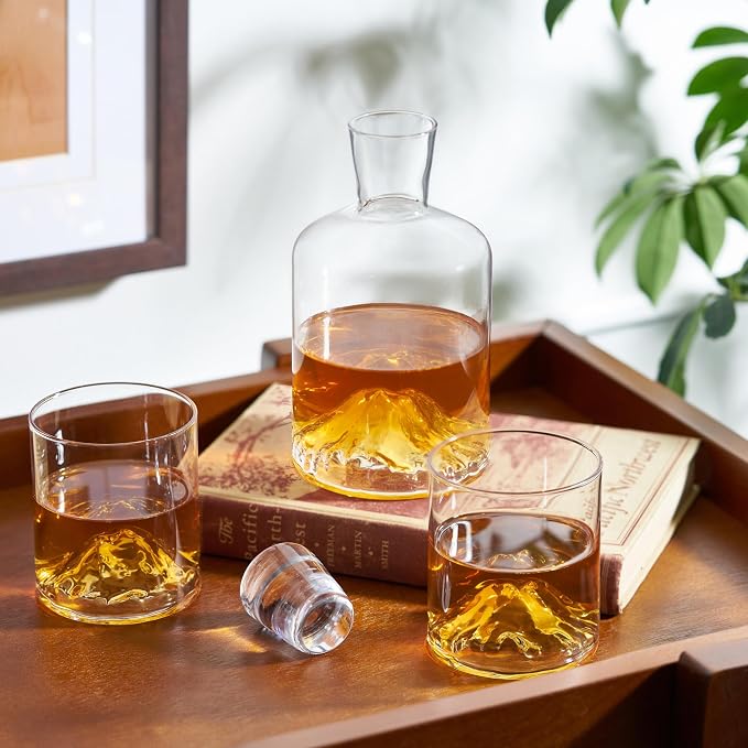Viski Mountain Whiskey Decanter with Stopper, Hand Blown Liquor Decanter for Bourbon, Scotch, Spirits, Wedding Gifts, Anniversary Gifts for Men, Elegant Home Bar Accessories, 24 oz (709 ml)