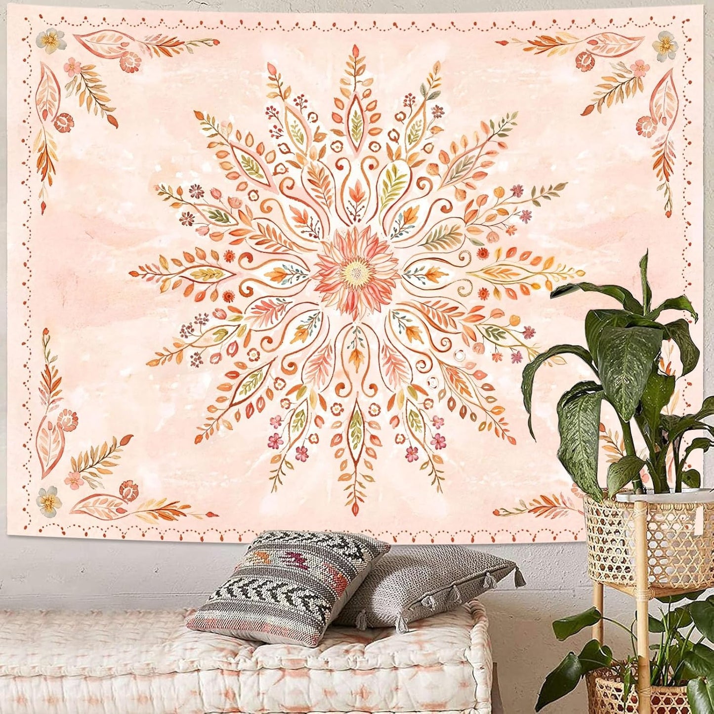 Lunerfex Floral Mandala Tapestry Boho Tapestry for Bedroom Orange Tapestries Wall Hanging Living Room Wall Art and Home Decor 60x80