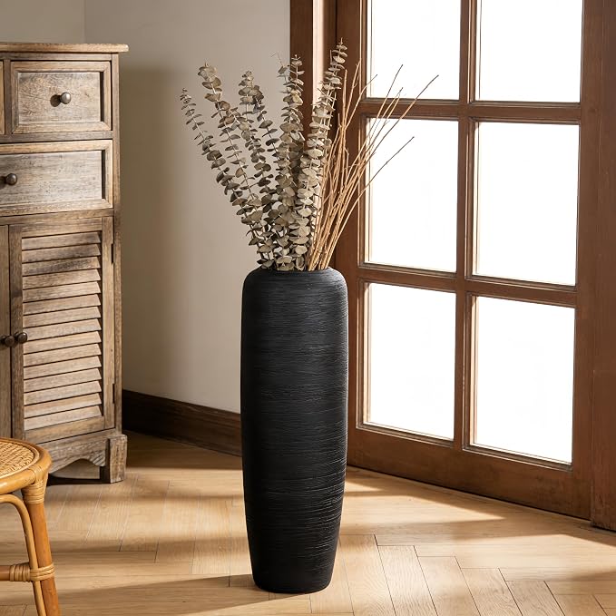 Large Rustic Ceramic Black Vase,23.6 Inch Tall Pottery Farmhouse Decor Floor Vase Vintage Flower Vases for Home Living Room Entryway Table Centerpiece Decor,Terracotta Vases,Wedding Gift
