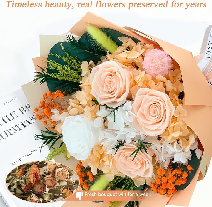 Flowers for Delivery,Preserved Flowers Bouquets – 4 Eternal Champagne Roses that Last 2-3 Years,Mothers Day Gifts for Mom,Grandma, Wife, Forever Flowers for Birthday,Valentines,Anniversary,Home Decor