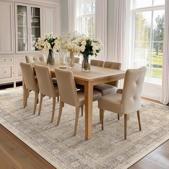Large Rugs for Living Room 10x14, Farmhouse Big Area Rug for Bedroom Dining Room, Washable Non Slip Low Pile Thin Room Rug for Dining Room Family Room, Earth Tone Beige Taupe