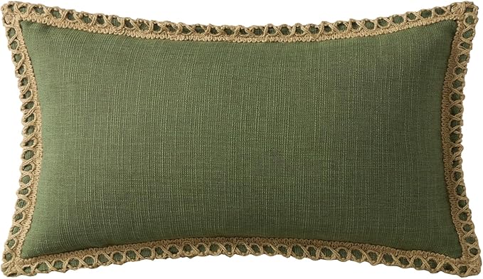 Phantoscope Pack of 2 Farmhouse Decorative Throw Pillow Cover Solid Burlap Linen Trimmed Tailored Edges, Olive Green, 12 x 20 inches, 30 x 50 cm