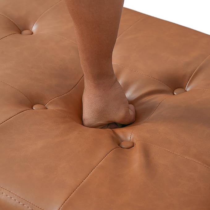 Christopher Knight Home Dalla Faux Leather Ottoman Coffee Table, Small Living Room Sofa Footrest, Wooden Rectangular Ottoman Footstool, Guest Extra Seat, Tan Brown+Walnut