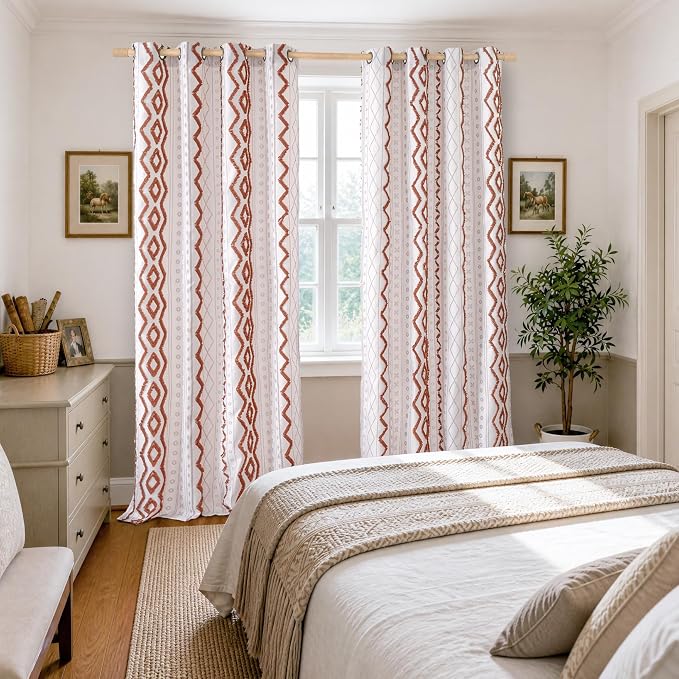 BGment Terracotta Jacquard Linen Curtains, Boho Tufted Pom Stripe Geometric Pattern with Grommet Floor Length for Bedroom Living Room Light Filtering, 2 Panels Set, 52 X 96 Inch