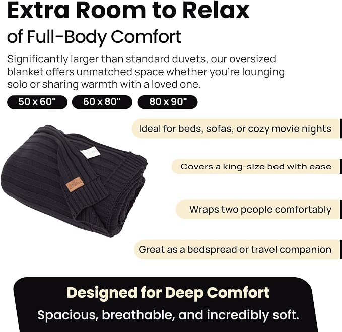 100% Organic Cotton Knit Blanket Denise -Soft and Lightweight, Breathable All-Season Throw for Bed, Sofa, or Lounge Area -GOTS Certified-Perfect for Home and Bedroom Styling (Black, 60x80)