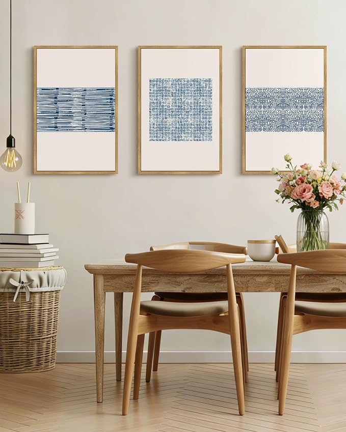 PHOPAGO Blue Abstract Framed Wall Art Large 16x24in Modern Boho Neutral Line Wall Decor Bohemain Minimalist Geometric Artwork Home Decor - Natural Framed