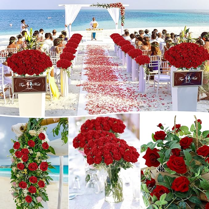 Rowfad 60 Pcs Artificial Roses Bulk Velvet Silk Roses Red Rose Flowers for Wedding Centerpieces Bridal Bouquet Mohter's Day Valentine's Day Christmas Home Decor (60, Red)