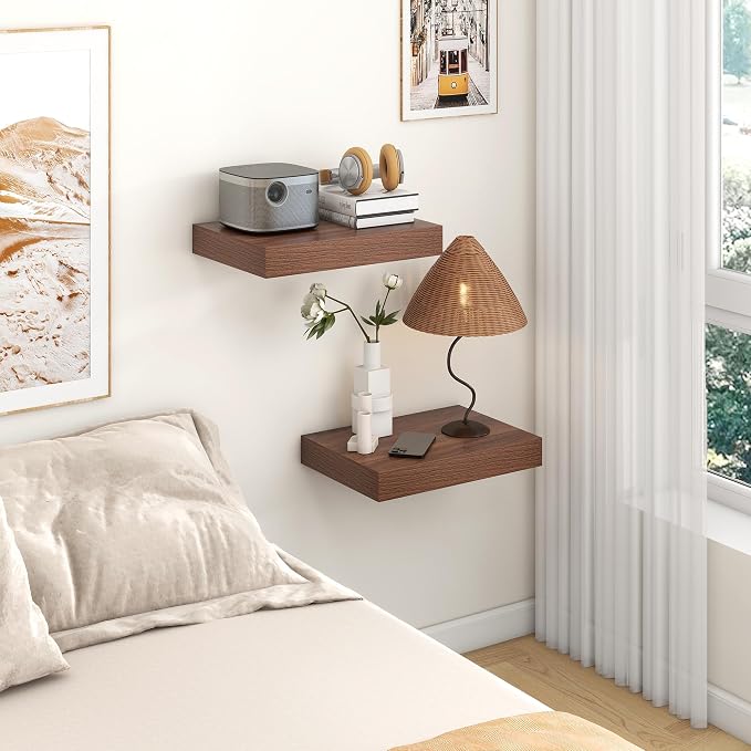 FLYJOE 12 Inch Deep Floating Shelves 16'' Walnut Floating Shelves Set of 2 | 12'' Deep Shelves for Wall, 16'' x 12'' Rustic Wood Shelves for Living Room Bathroom Kitchen Bedroom