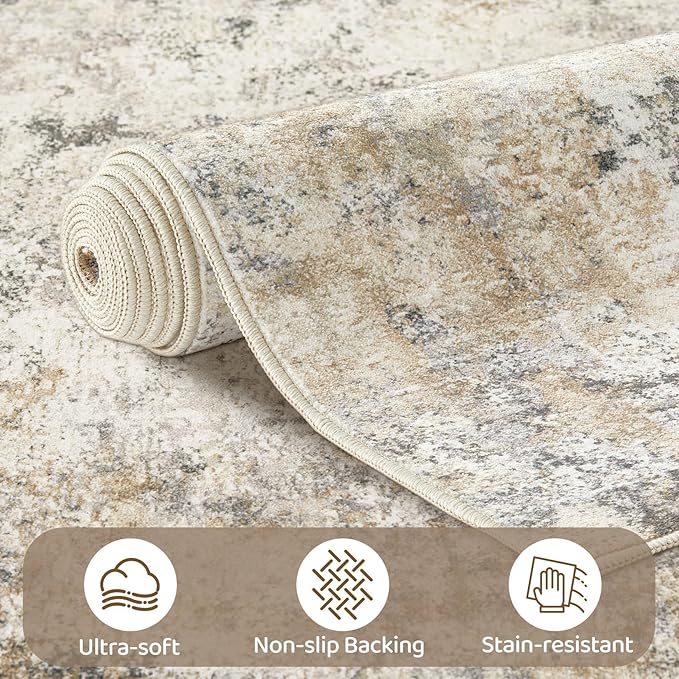 UERMEI 7x10 Area Rug Living Room Rugs - Washable Neutral Modern Abstract Soft Thin Large Rug Indoor Floor No Slip Rug Carpet for Bedroom Under Dining Table Home Office Decor - Golden Grey