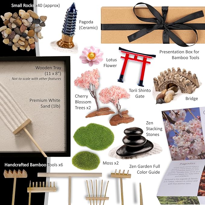 Island Falls Home Zen Garden Kit 11x8in. Beautiful Japanese Decor Mini Rock Feature Gift Set for Home, Office Desk. Zen Sand Garden, 6 Tools, 15 Accessories. Sand Tray Therapy Desktop Meditation Room