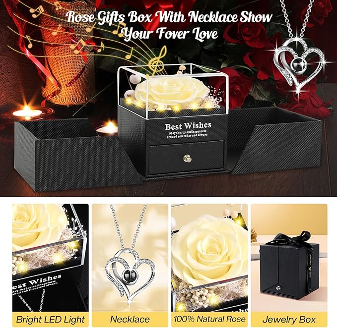 Pasuvsigt Mothers Day Mom Birthday Gifts for Women, Preserved Real Rose with I Love You Heart 100-Language Necklace, LED Lights & Music Box, Anniversary for Women Girlfriend Mom