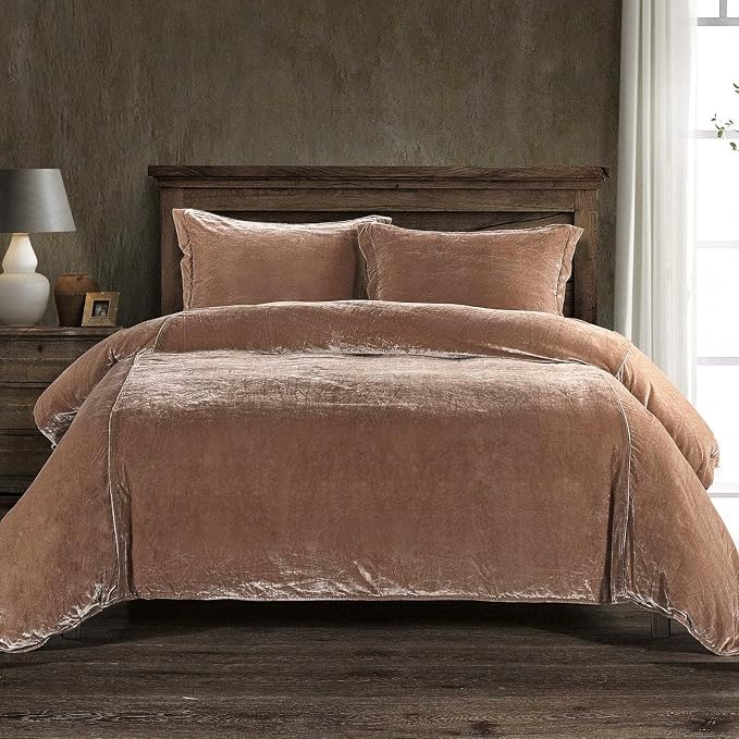 HiEnd Accents Stella Faux Silk Velvet 3 Piece Duvet Cover Set with 2 Pillow Shams, King, Dusty Rose, Romantic Western Modern Traditional Luxury Bedding, 1 Comforter Cover and 2 Pillow Cases