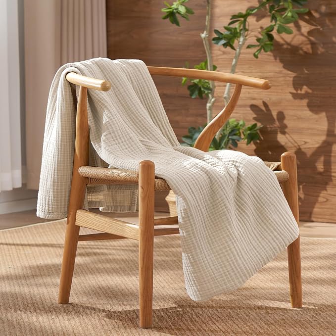 David's Home 100% Cotton Muslin Throw Blanket for College Dorm, 4-Layer Soft Breathable Lightweight Comfy Cozy Throw Guaze for Hot Sleepers, 3D Bubble Room Decor for Bed, Giftable, Brich, 50"x70"