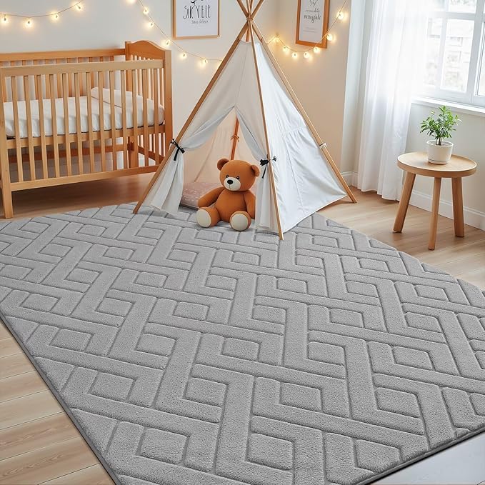 Macgace Ultra Soft Grey Area Rug for Living Room, 6x9 Modern Geometric Shag Rugs with Nonslip Backing for Bedroom, Washable Fuzzy Carpet for Cozy Kids Room Nursery