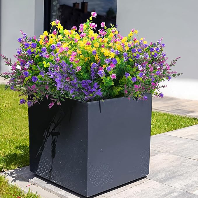 Hananona 24 Pcs Artificial Flowers Outdoor, Faux Artificial Plants UV Resistant Plastic Flower Bulk for Hanging Planter Porch Window Home Wedding Fall Summer Decor (24, Fuchsia, Purple, Yellow, Green)