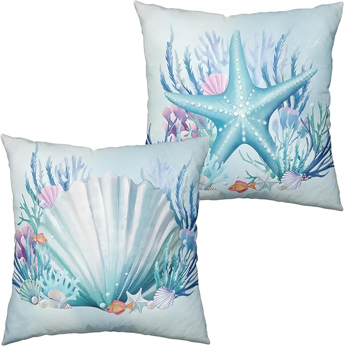 Ocean Themed Coastal Pillow Covers Seashells Starfish Throw Pillow Covers 16x16 Set of 2 Blue Seaweed Coral Pillowcase Double Sided Printing Cushion Case for Patio Outdoor Sofa