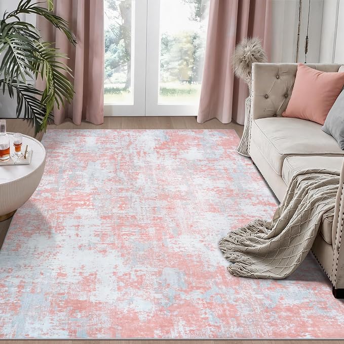 Pink Rug Carpet 5x7 Area Rugs for Bedroom Girls: Washable Modern Rug for Living Room Dining Room Non Slip Low Pile 5 by 7 Indoor Abstract Home Office