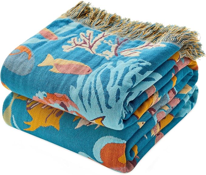 MSGKV Throw Blanket for Couch Cotton Cute Ocean Animals Blanket 50"x60" Sofa Chair Blankets Muslin Summer Breathable All Seasons Lightweight Farmhouse Home Decor