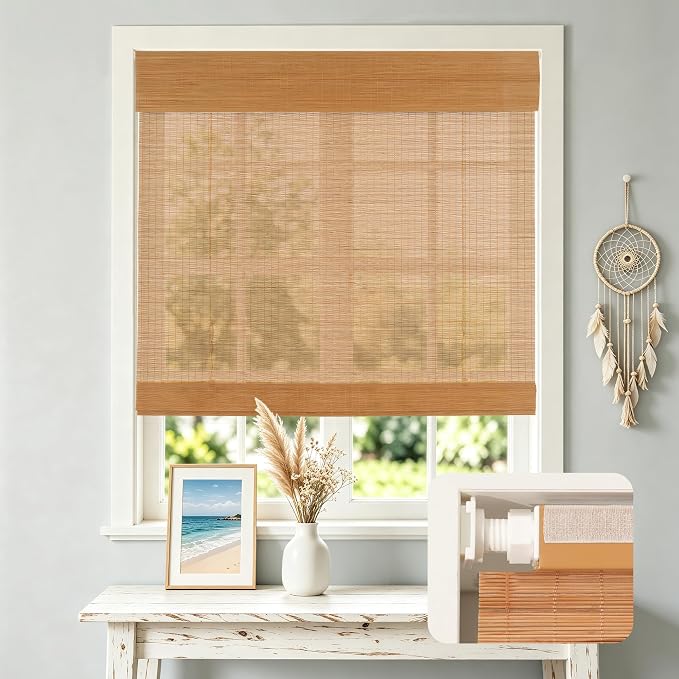 HESTIA No Drill Cordless Bamboo Roman Shades with Matching Valance, Light Filtering Natural Woven Roll Up Blinds for Living Room, Dining Room, and Sunroom, 37.5" W X 64" H