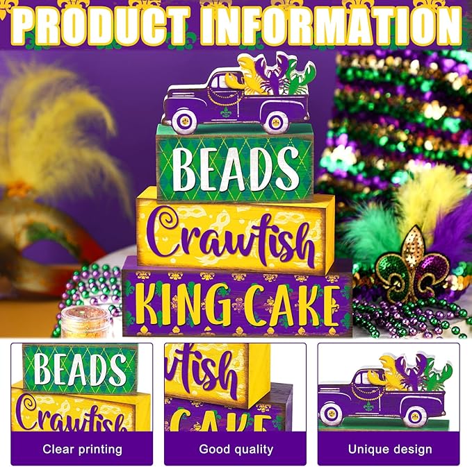 Marsui 4 Pcs Mardi Gras Decorations Mardi Gras Centerpieces Table Decorations Farmhouse Wooden Tabletop Blocks Sign for Home Party Rustic Tiered Tray Shelf Office Carnival Decor